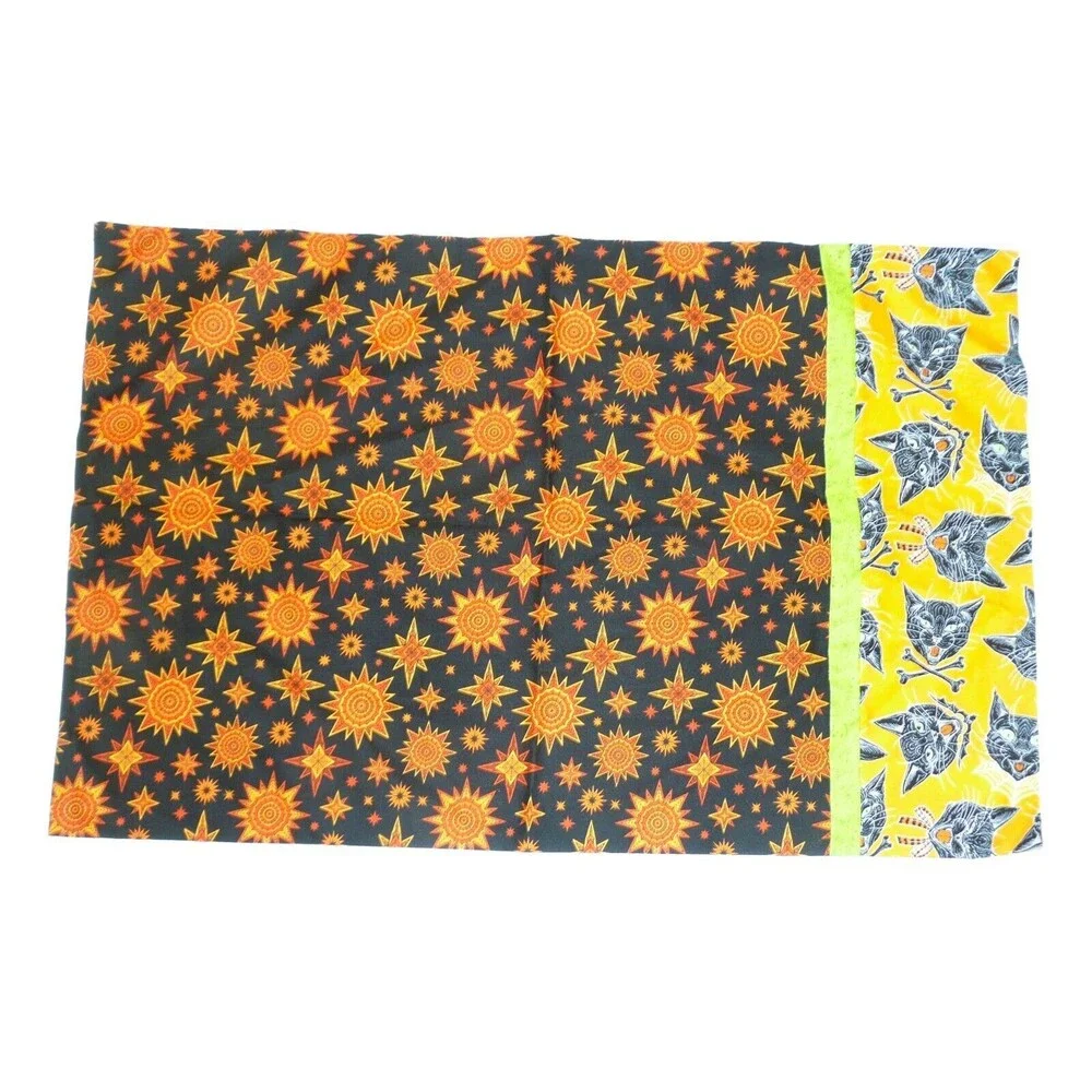 2 Handmade Halloween Pillow Cases Trick Treat Candy Sacks Black Cats Bats Stars